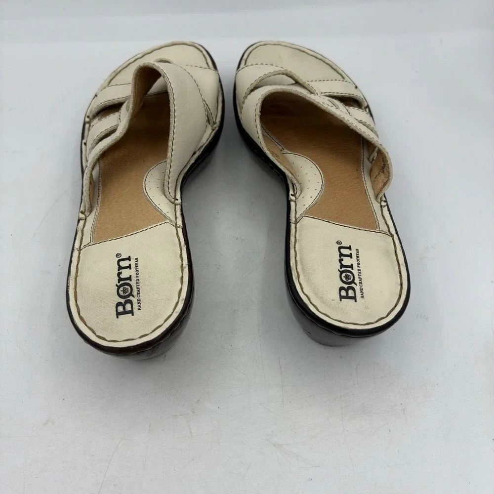Born Sandals Womens Size 7 Leather Slide Mule‎ Wedge White Strappy